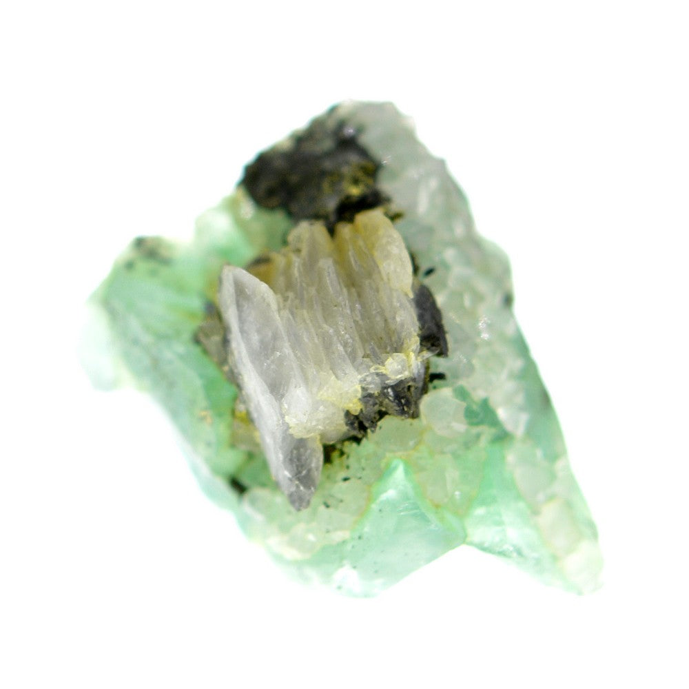 Calcite, pyrite et quartz sur fluorite vert d'eau 36g du Maroc sous lumière