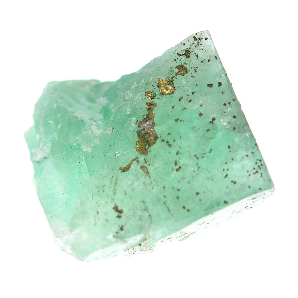 Fluorite vert d'eau translucide avec pyrite 59g du Maroc sous lumière