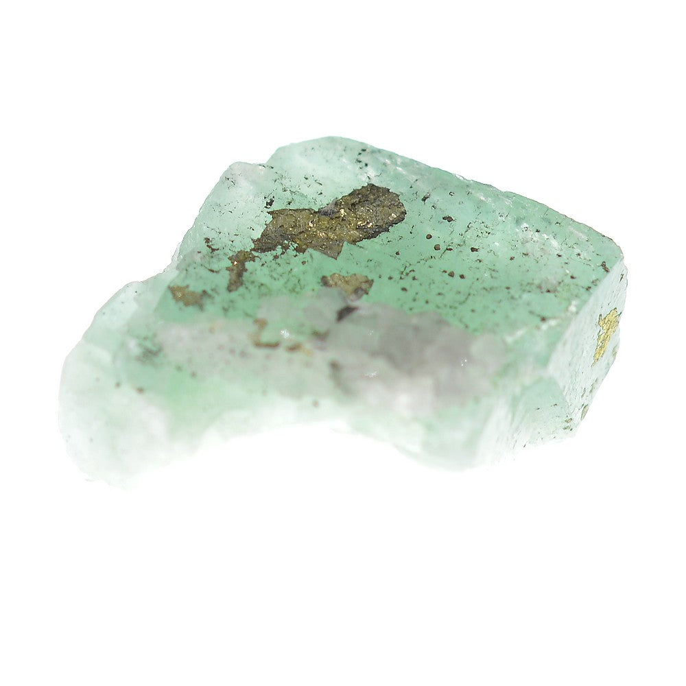 Fluorine vert d'eau avec pyrite et quartz 20g du Maroc sous lumière