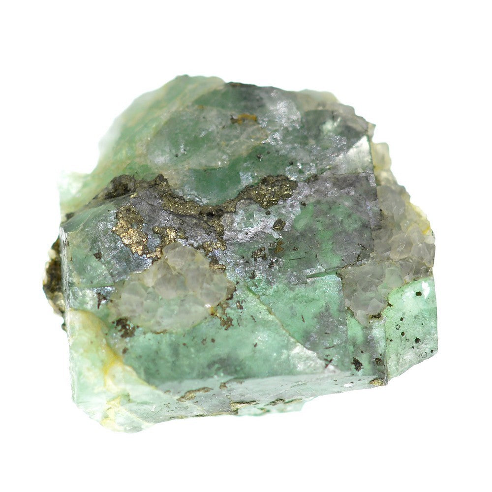 Fluorite vert d'eau avec quartz et pyrite de 53g du Maroc sous lumière
