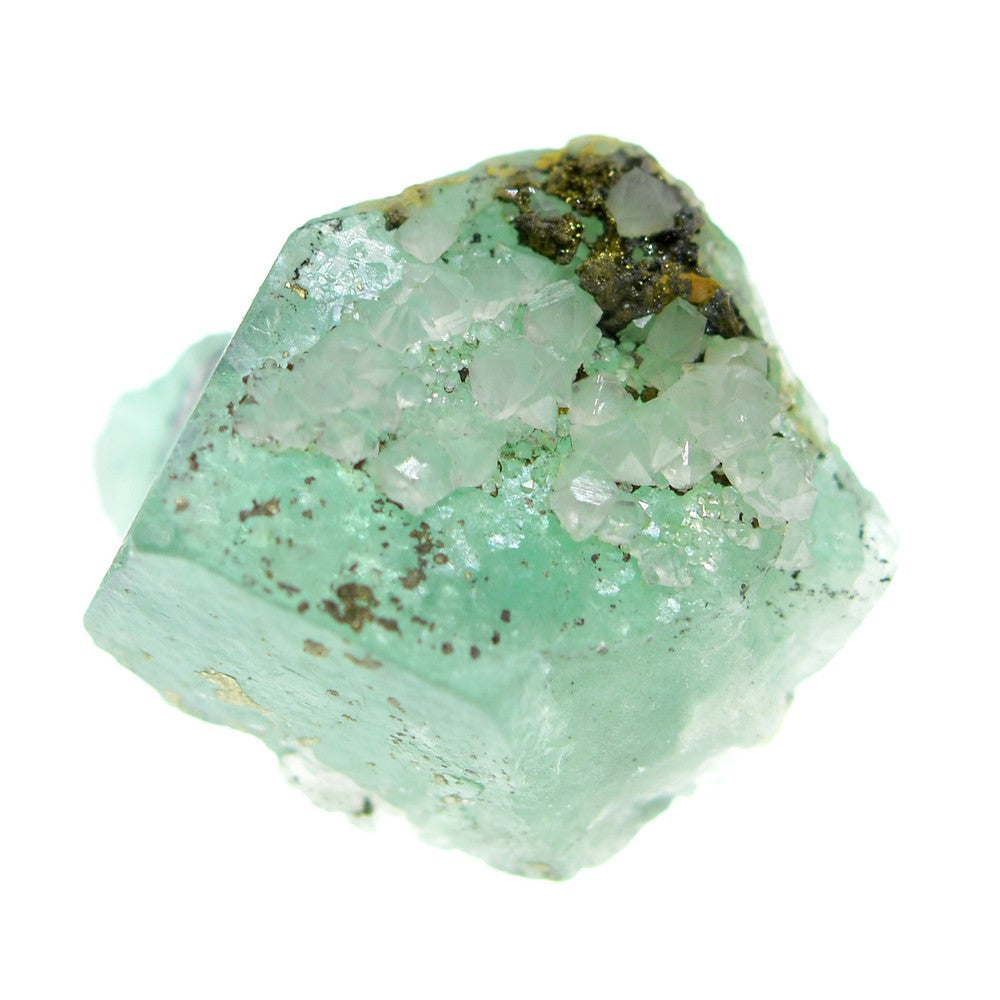 Fluorite vert d'eau avec quartz et pyrite 41g du Maroc sous lumière