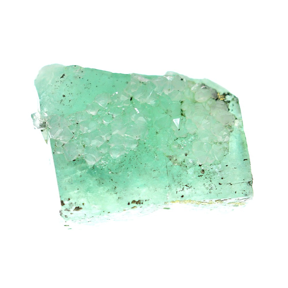 Fluorite vert d'eau accompagnée de quartz et pyrite 42g sous lumière du Maroc