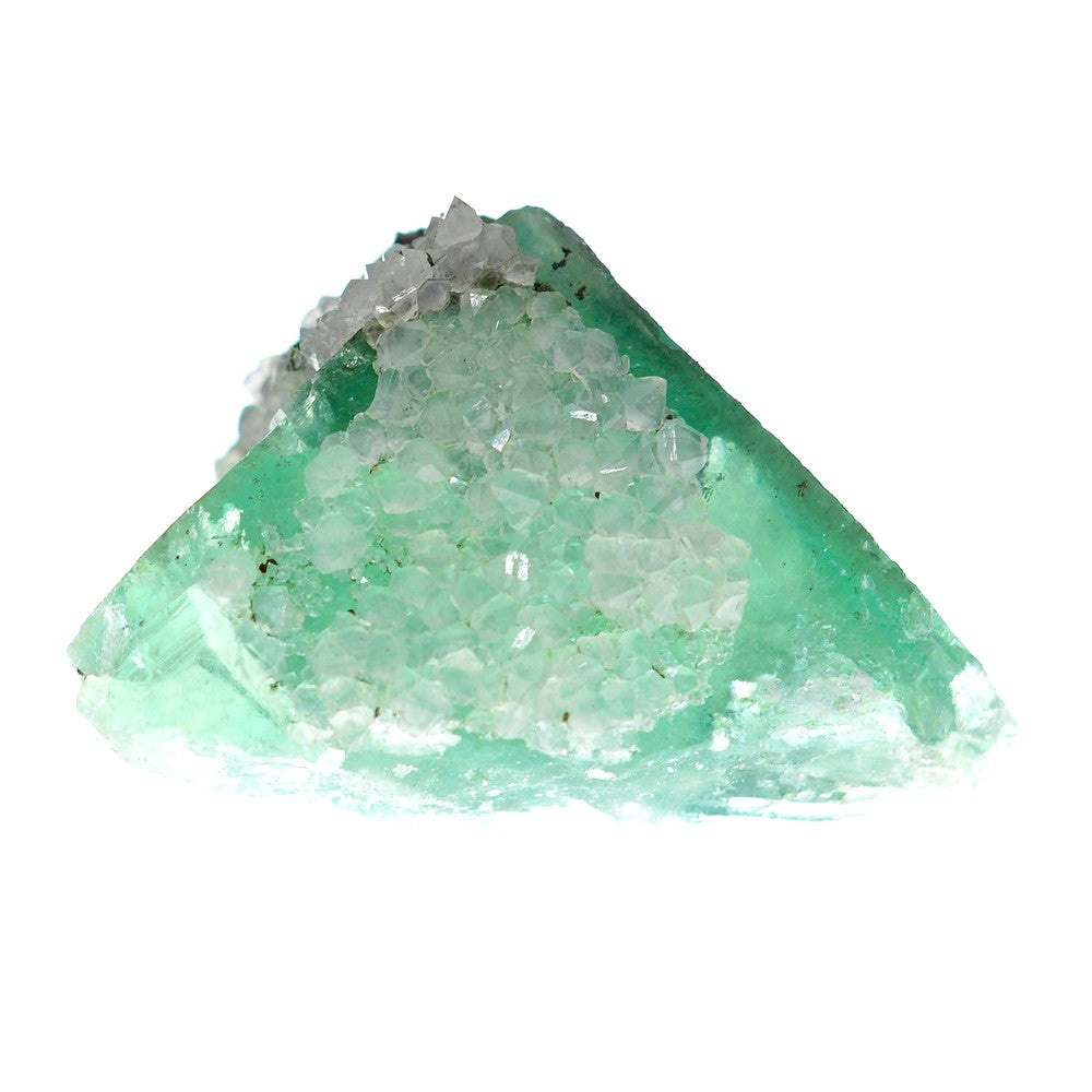 Fluorite vert d'eau avec quartz et pyrite marocaine sous lumière de 58g