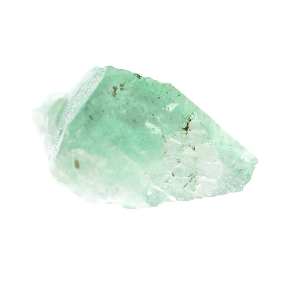 Fluorite vert d'eau avec quartz et pyrite marocaine de 20g sous lumière