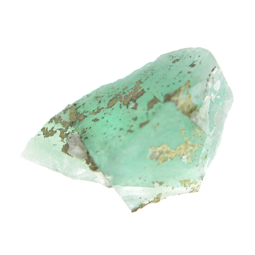 Fluorite vert d'eau avec pyrite 31g du Maroc sous lumière