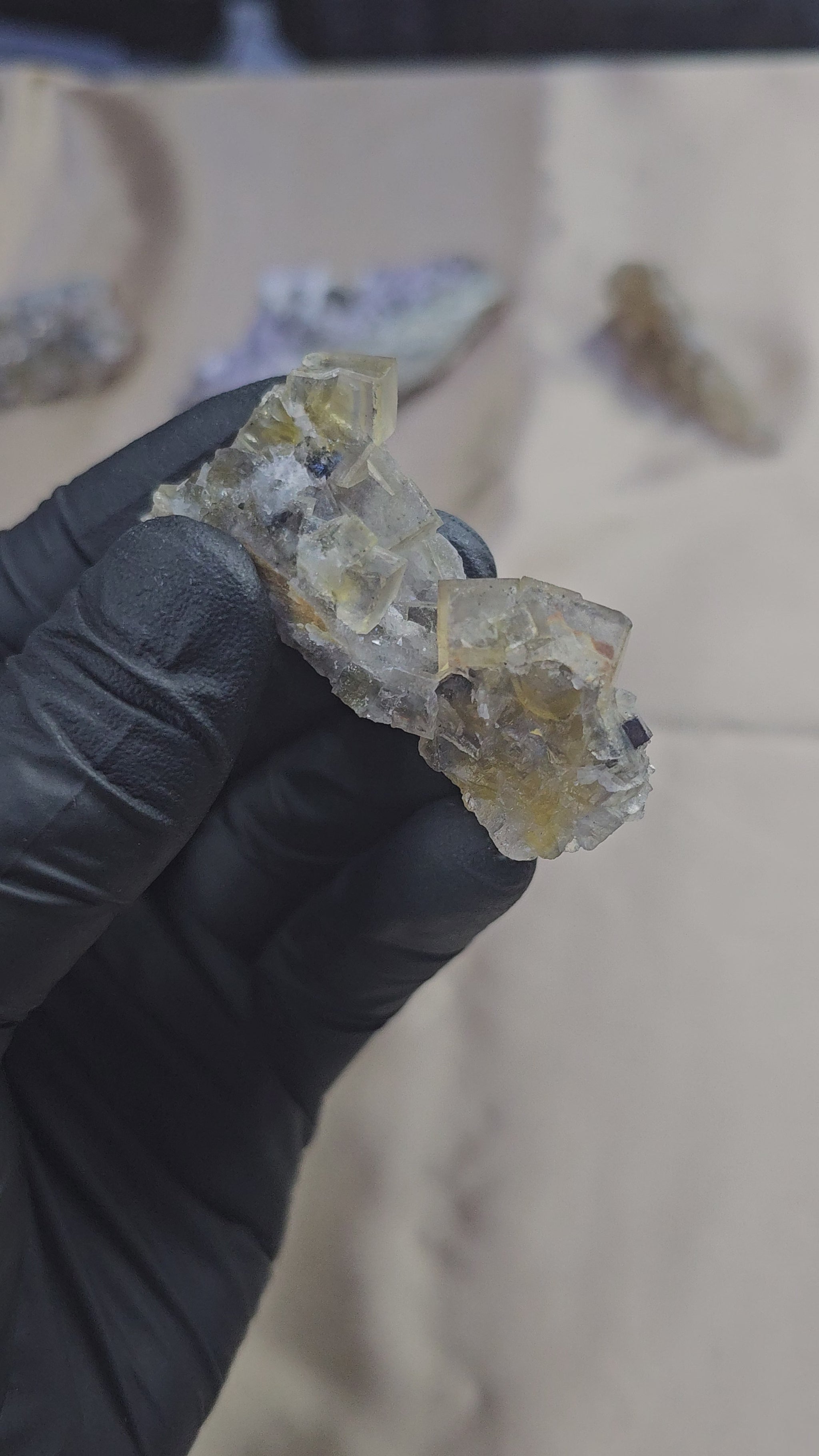 Fluorite miel maclée à zonage bleu avec galène de 28g du Maroc - Vue du dessus et en 360°