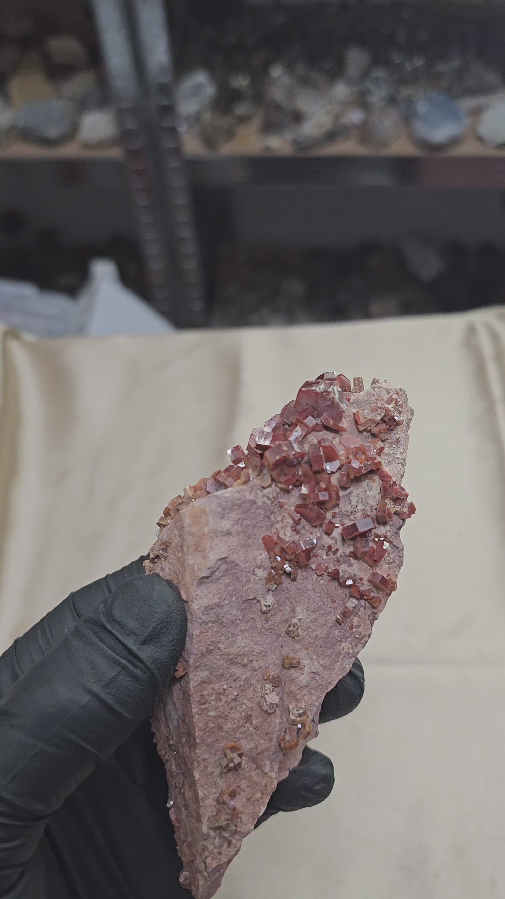 Vanadinite à cristaux hexagonaux sur matrice de 203g en provenance de Mibladen - Vue en 360°